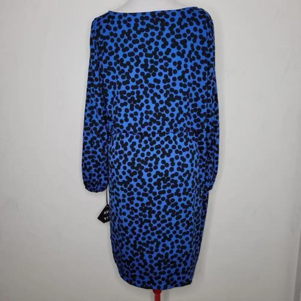 Ava Viv Women Faux‎ Wrap Dress Size 3X Balloon Sleeve Blue Black Stretchy Midi